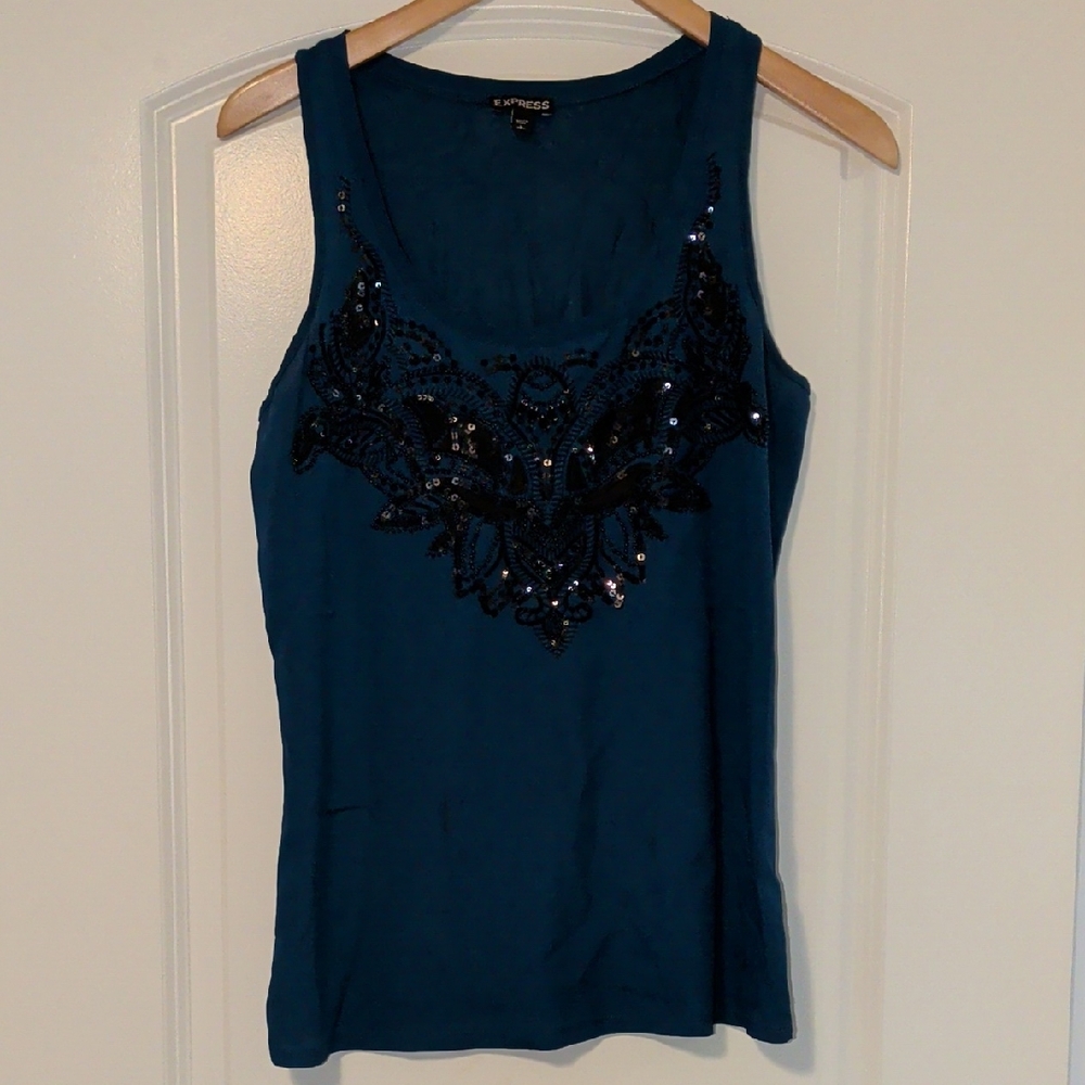 Express Teal Tank Top with Black Sequin Detail